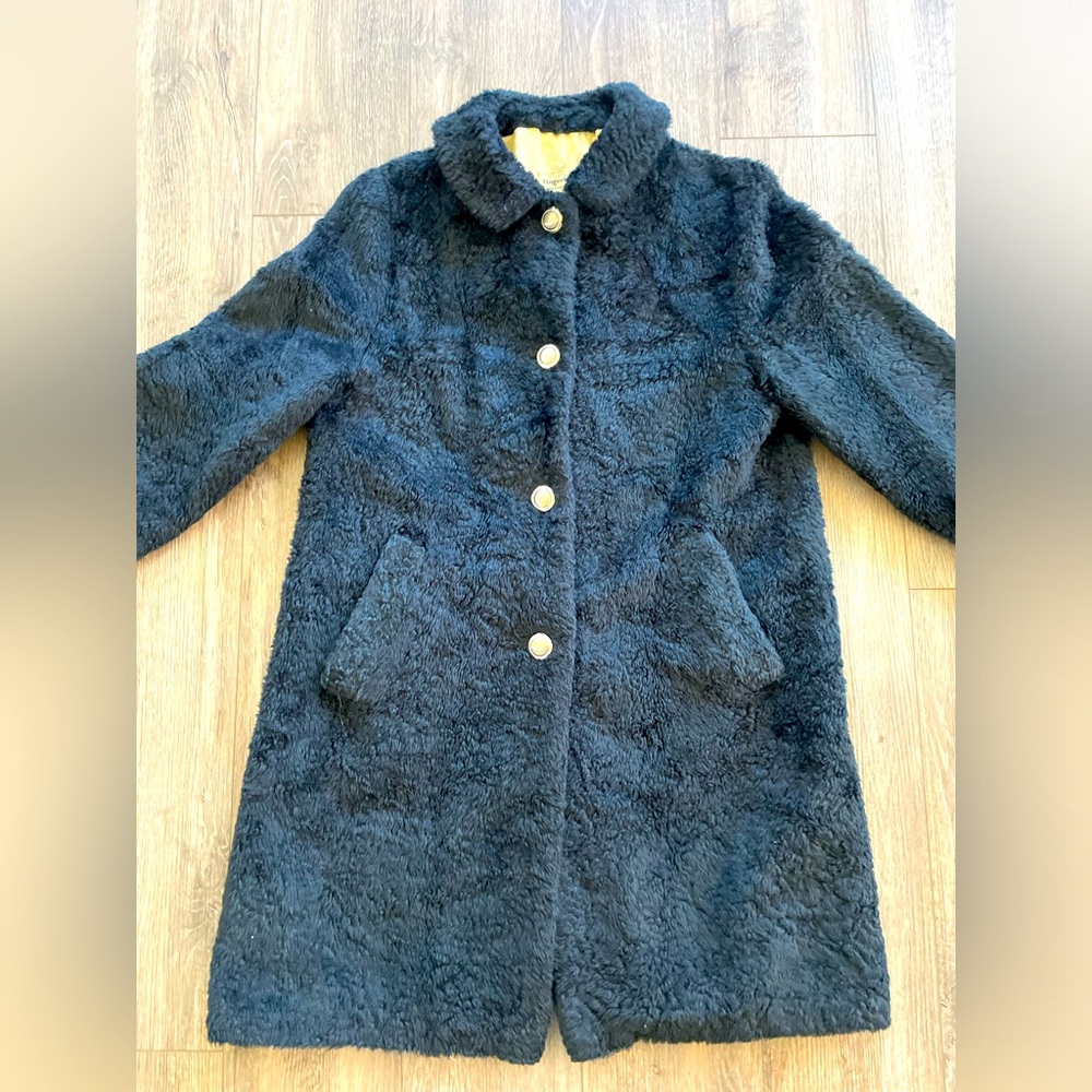 Fingerhut Mod Coat Black Faux Fur Sherpa Jacket Silver Buttons Women L XL 16 70s